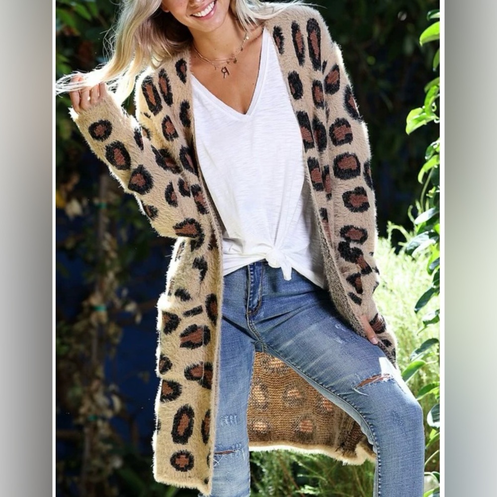 Shop Wanna B Leopard Print Oversized Ultra Fuzzy Women's Sweater with Pockets